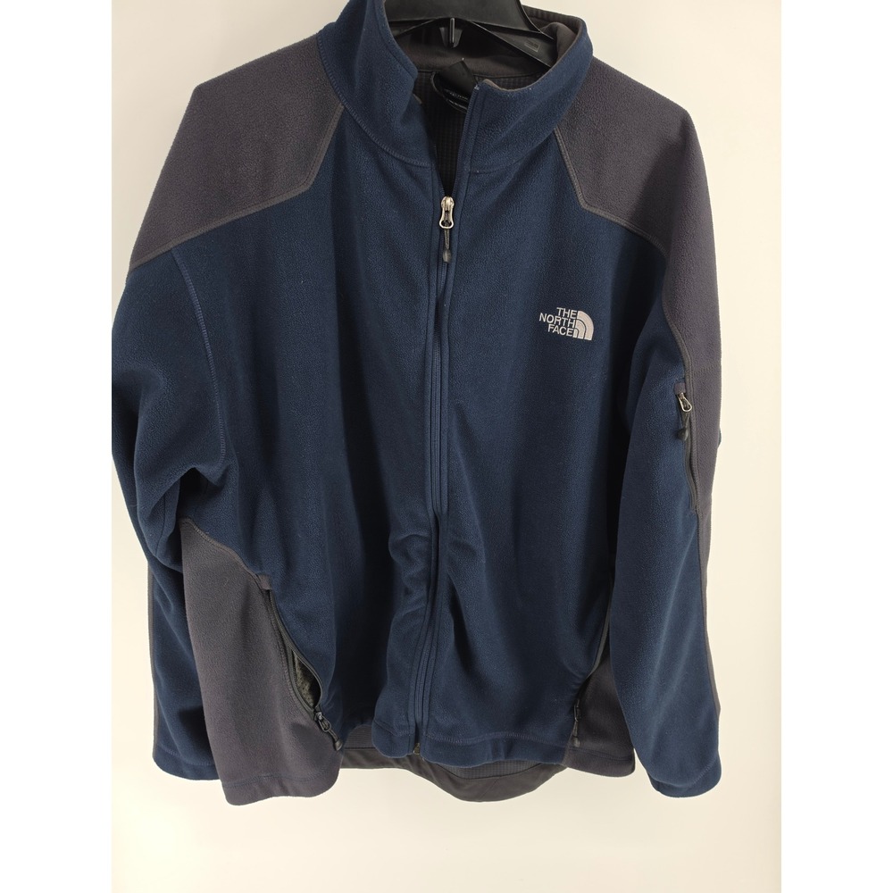 The North Face Mens XXL Full Zip Fleece Jacket Navy Blue Gray Grid Lined Regular